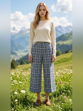 Womens Blue Plaid Wide-Leg Cropped Pants